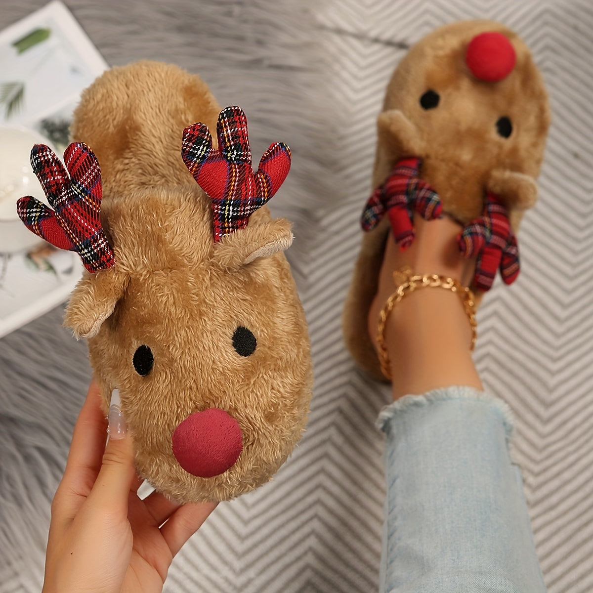 Slippers with Antlers & Red Nose