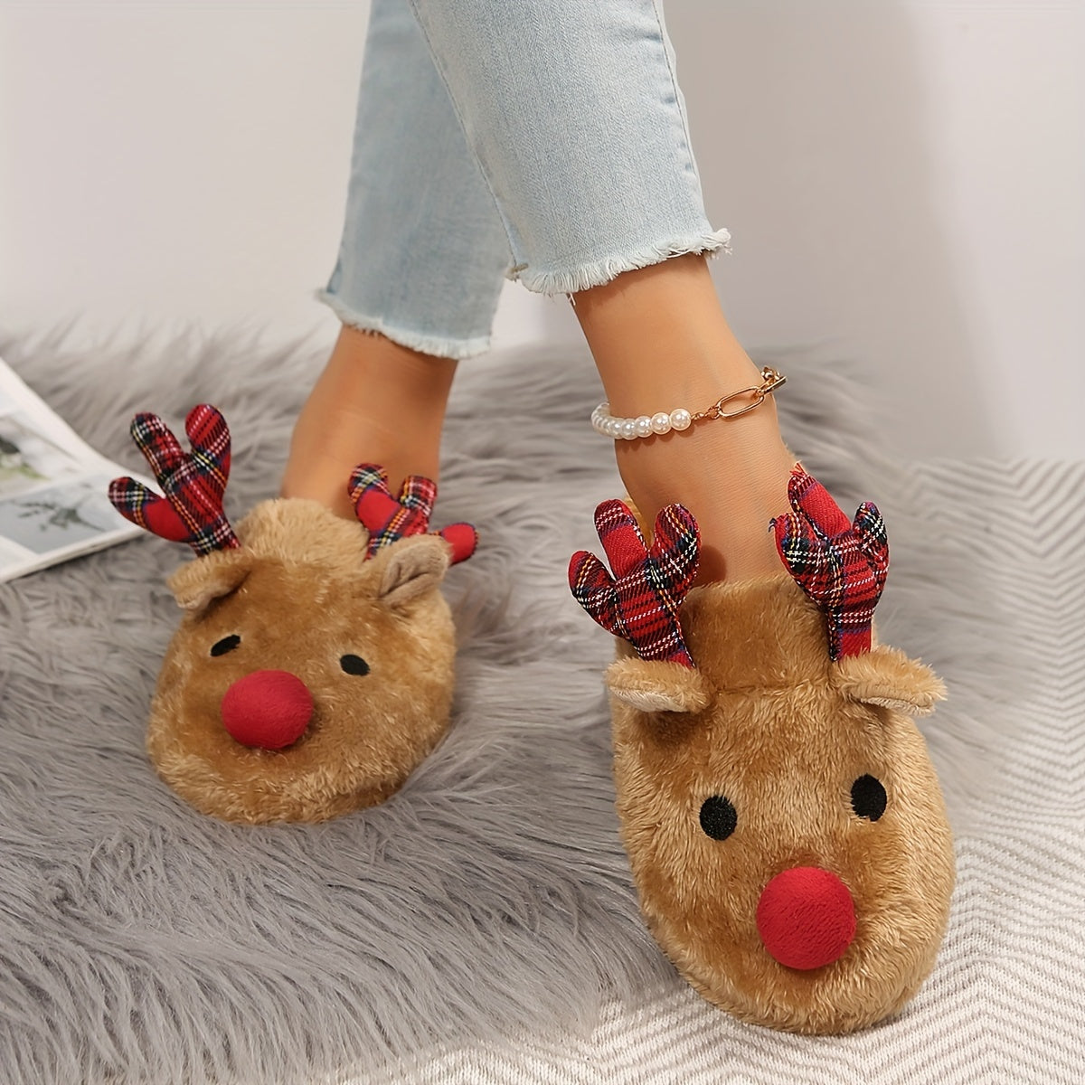 Slippers with Antlers & Red Nose