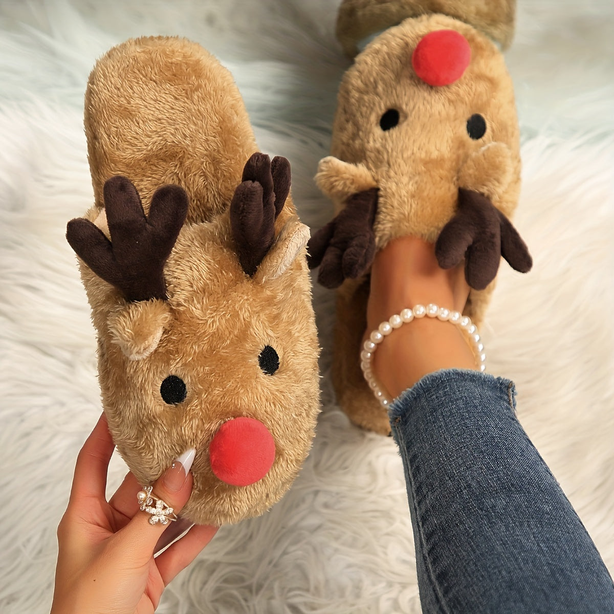 Slippers with Antlers & Red Nose