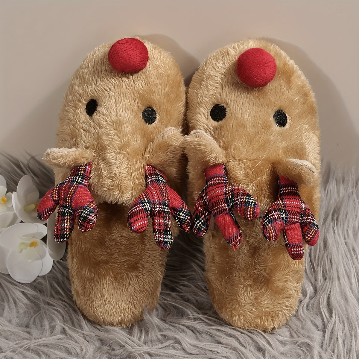Slippers with Antlers & Red Nose